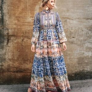 Anthropologie Floral Maxi Dress - Blue and Pink
